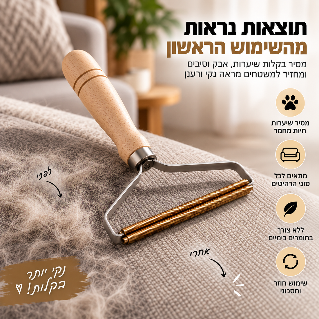 מסיר שיער חיות מחמד עם ידית עץ