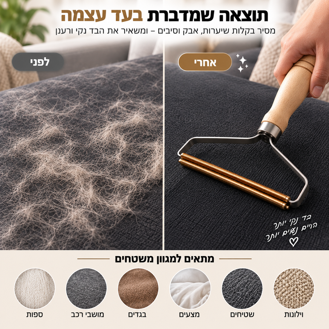 מסיר שיער חיות מחמד עם ידית עץ