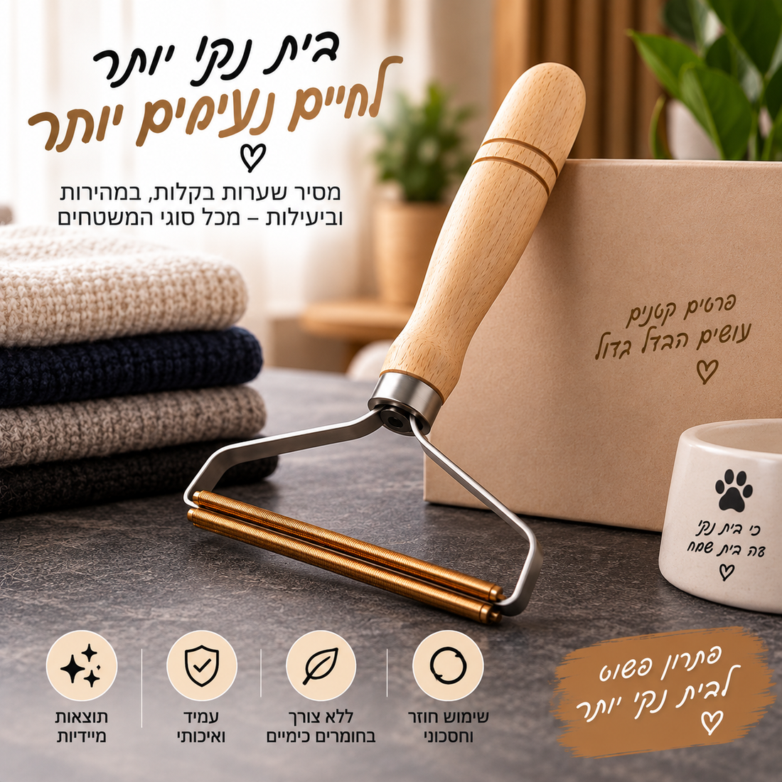 מסיר שיער חיות מחמד עם ידית עץ